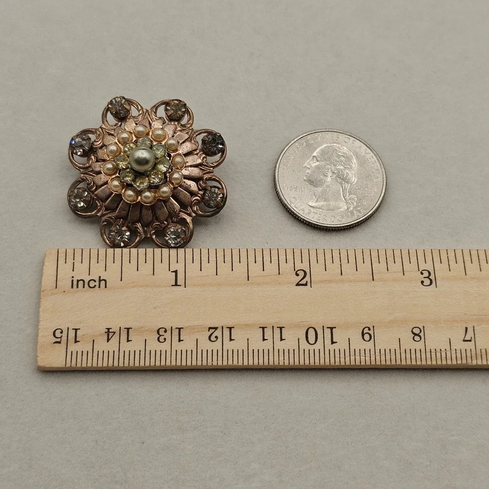 Vintage Brooch Pin Faux Pearl Rhinestone Copper Tone Flower Starburst Statement